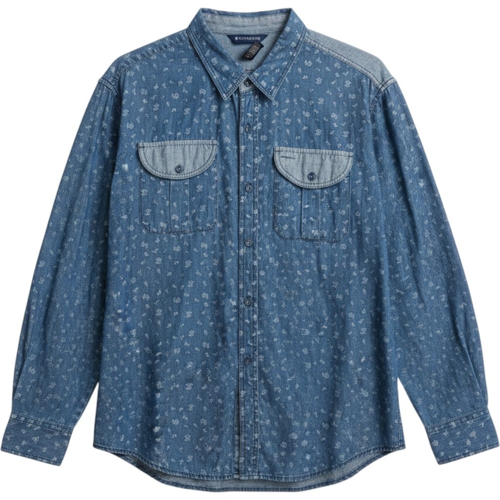 Rocawear Classic Mens 2XL Blue Denim Floral Print Long Sleeve Button Down Shirt